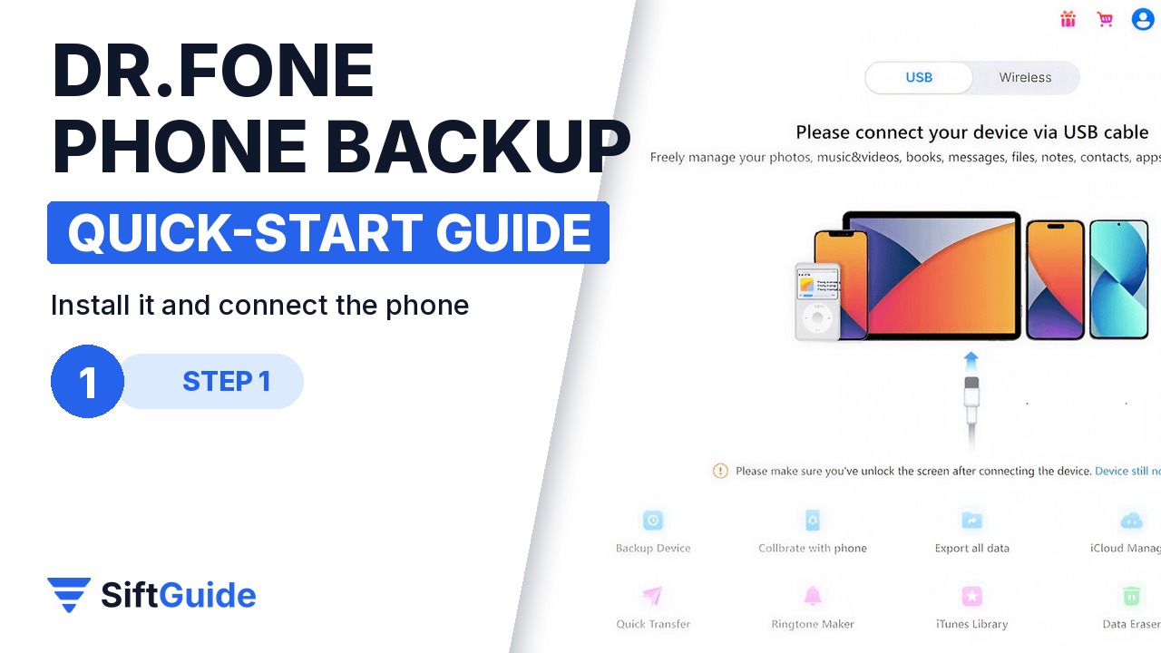 Dr.Fone asking you to connect an iPhone or Android phone with a USB cable