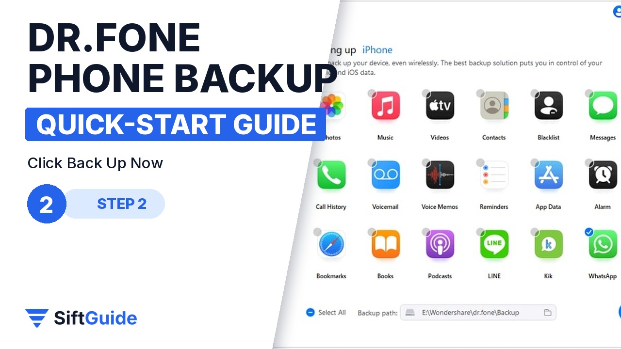 Dr.Fone backing up an iPhone, with the data types being detected