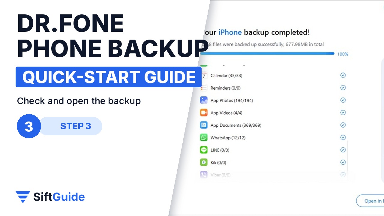 Dr.Fone screen confirming an iPhone backup is complete