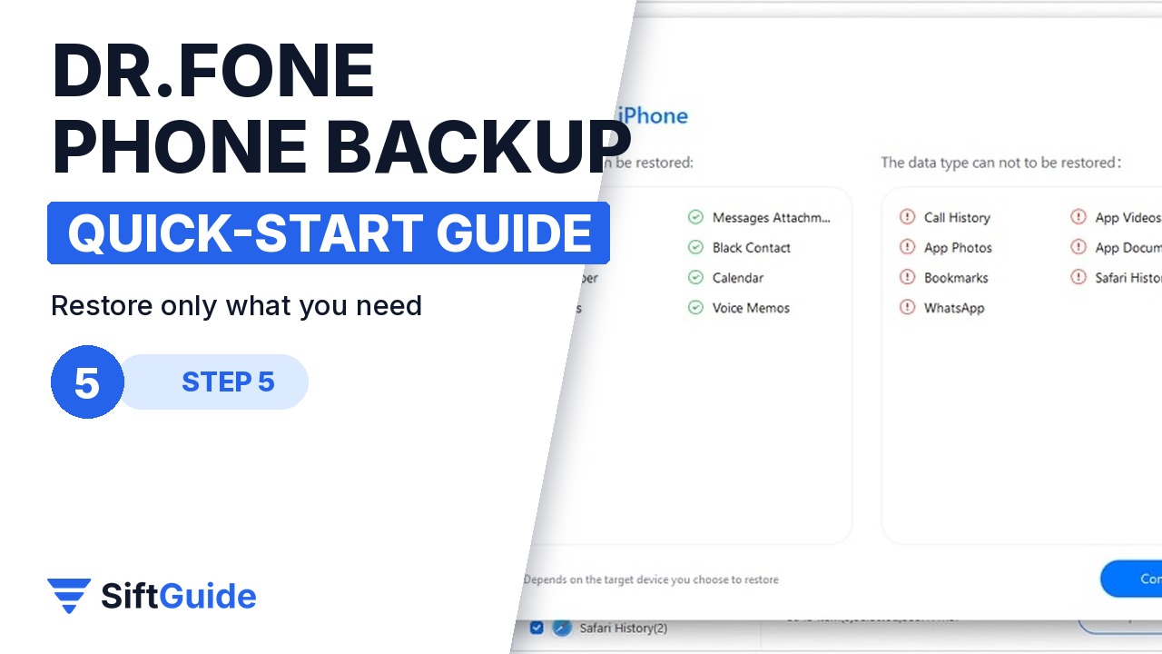 Dr.Fone restore screen with selected data types ready to send back to an iPhone