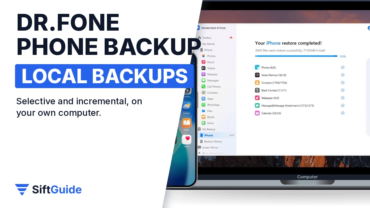 Dr.Fone on a laptop restoring data to a connected iPhone