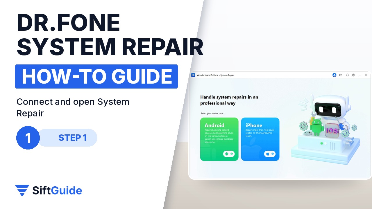 Dr.Fone System Repair screen asking you to choose iPhone or Android