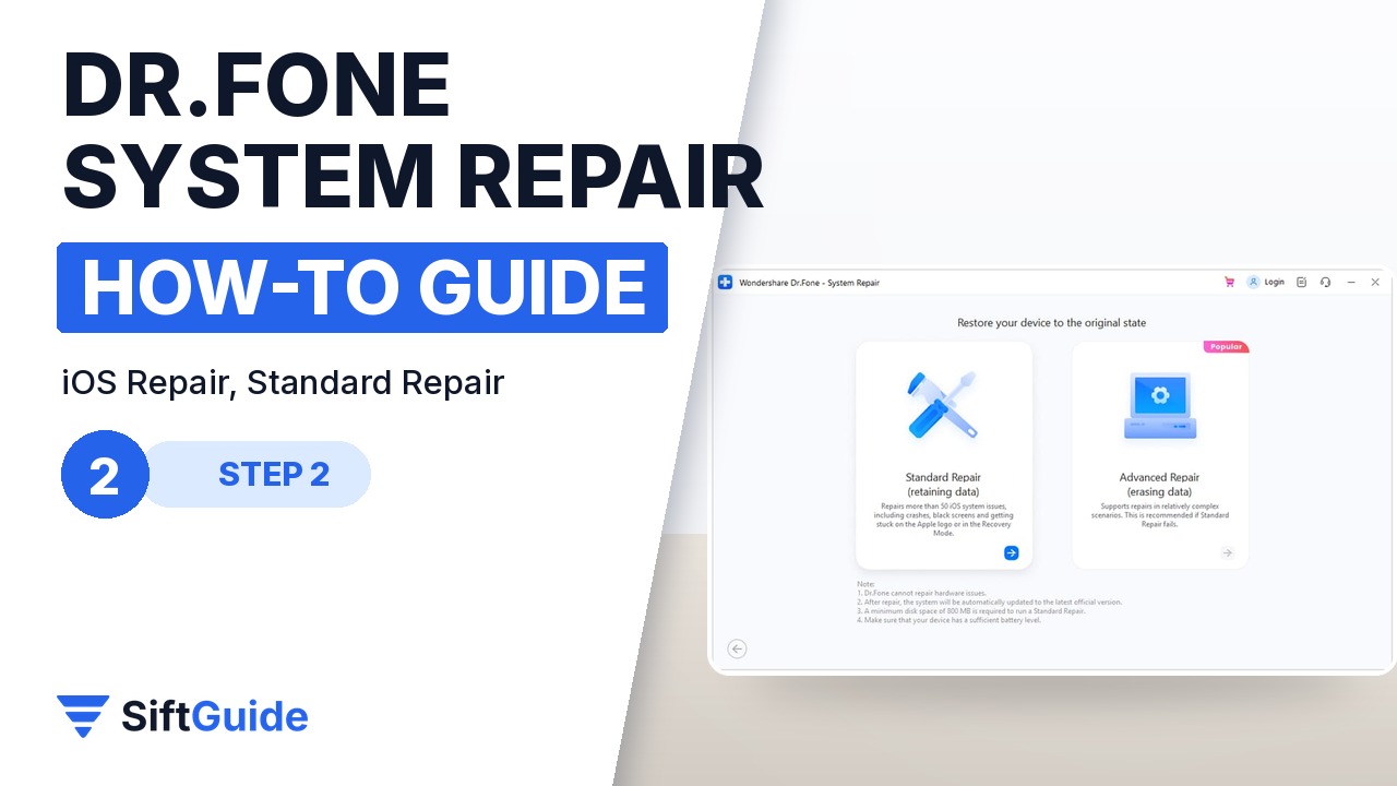 Dr.Fone screen with the Standard Repair and Advanced Repair modes