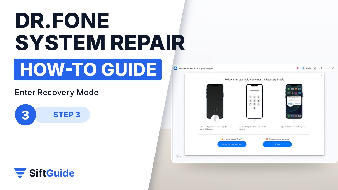 Dr.Fone instructions for putting an iPhone into Recovery Mode