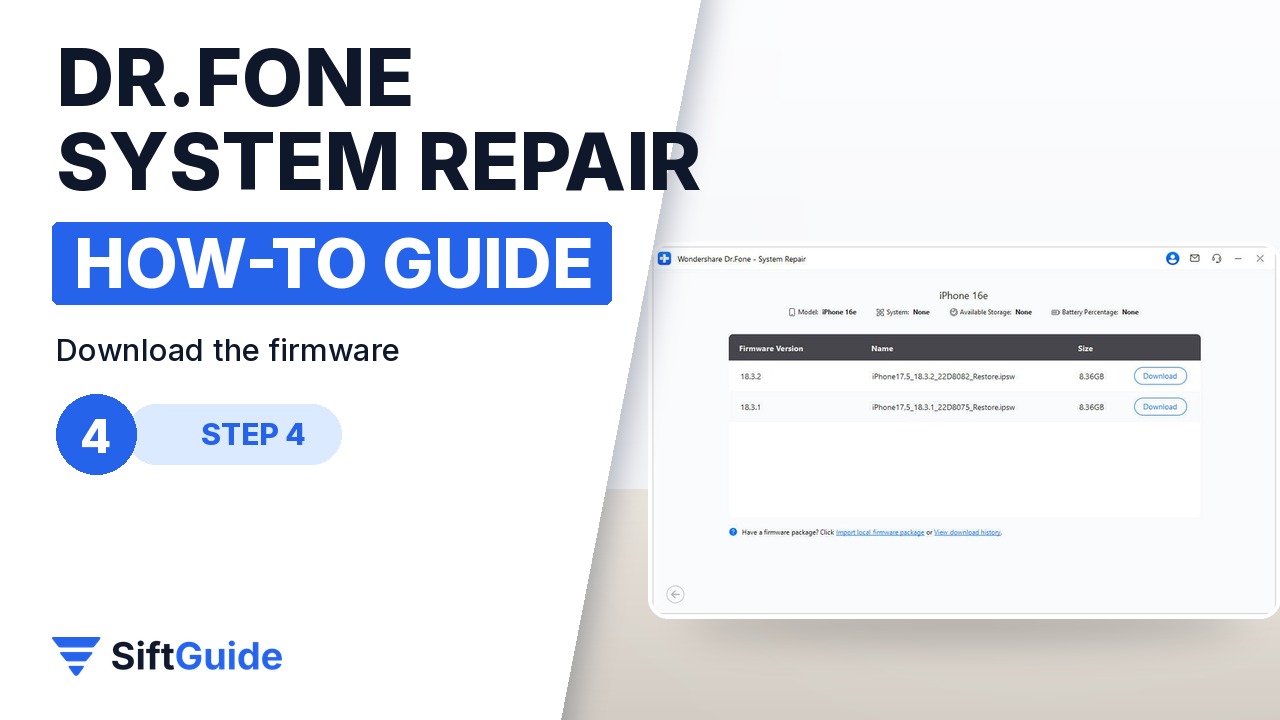 Dr.Fone firmware list with the Download button for the matching iOS version