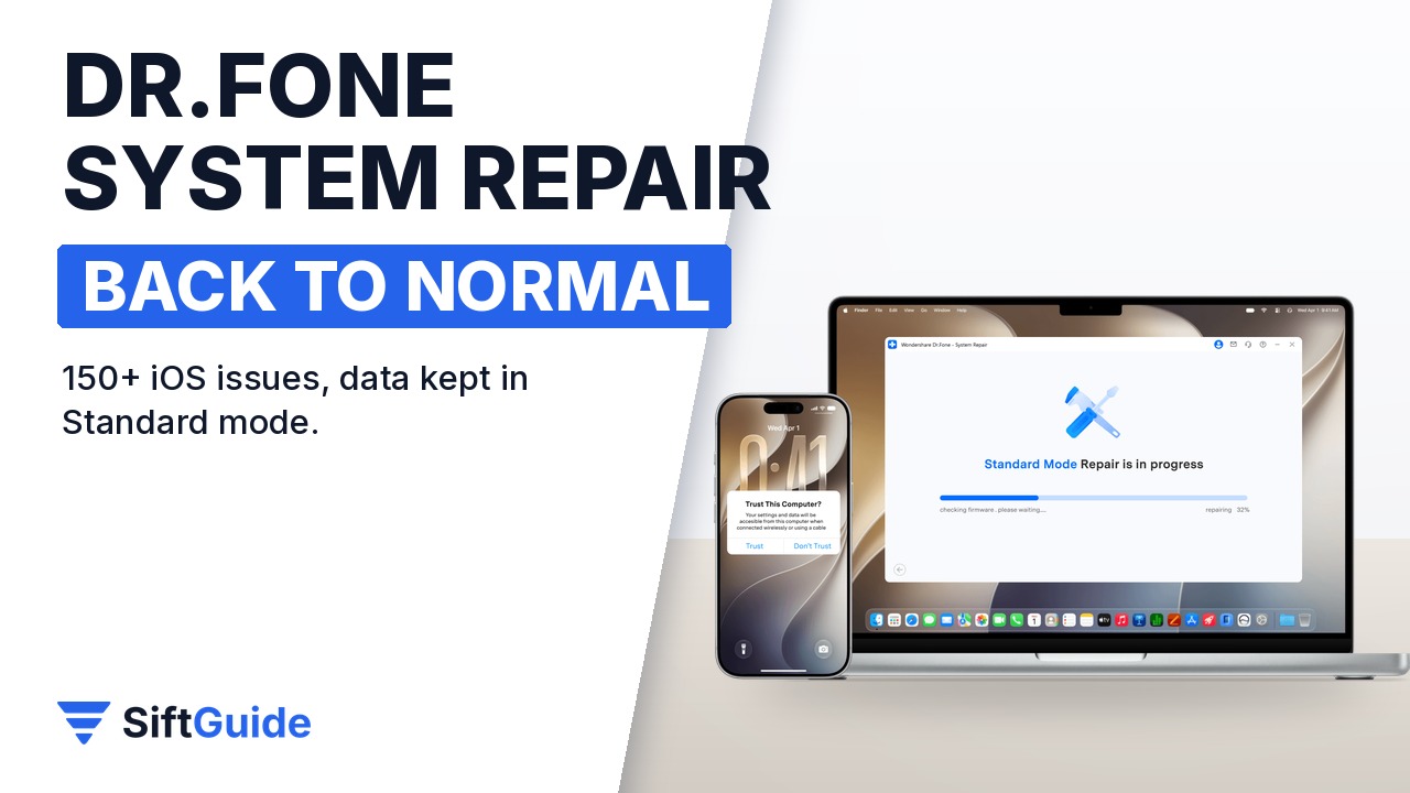 Dr.Fone Standard Mode repair in progress on a laptop, next to an iPhone