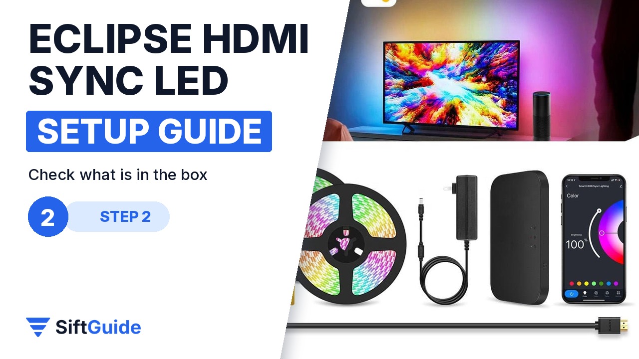 Eclipse kit with two LED reels, power adapter, HDMI sync box, HDMI cable and phone app
