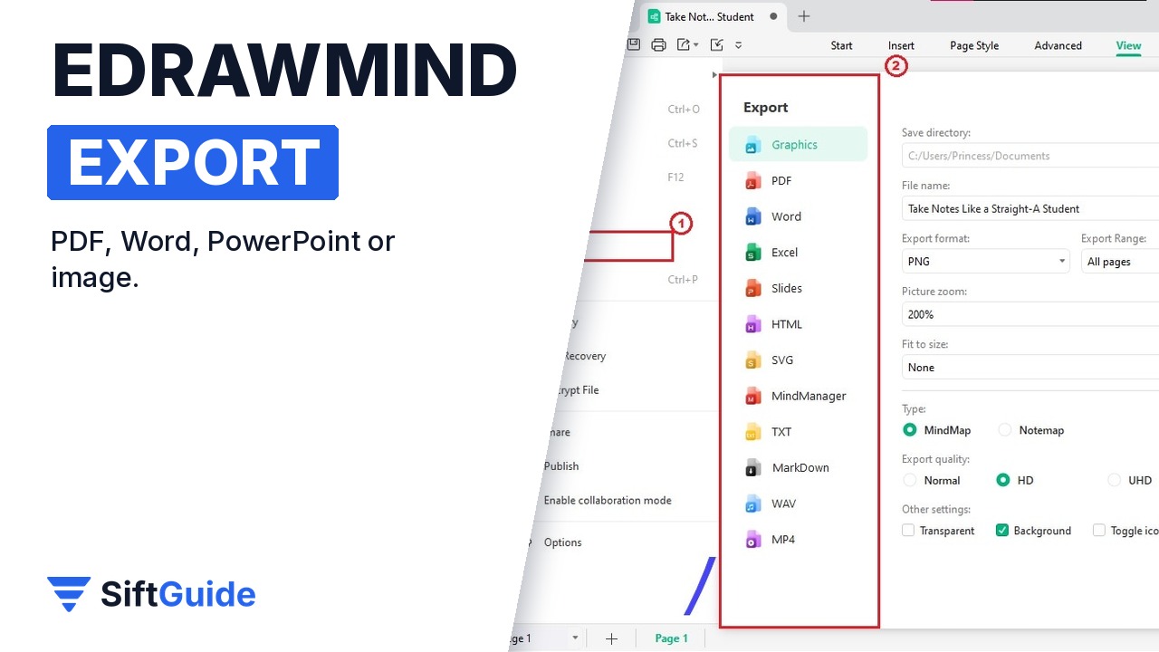 EdrawMind export dialog with PDF, Word, PowerPoint and image formats
