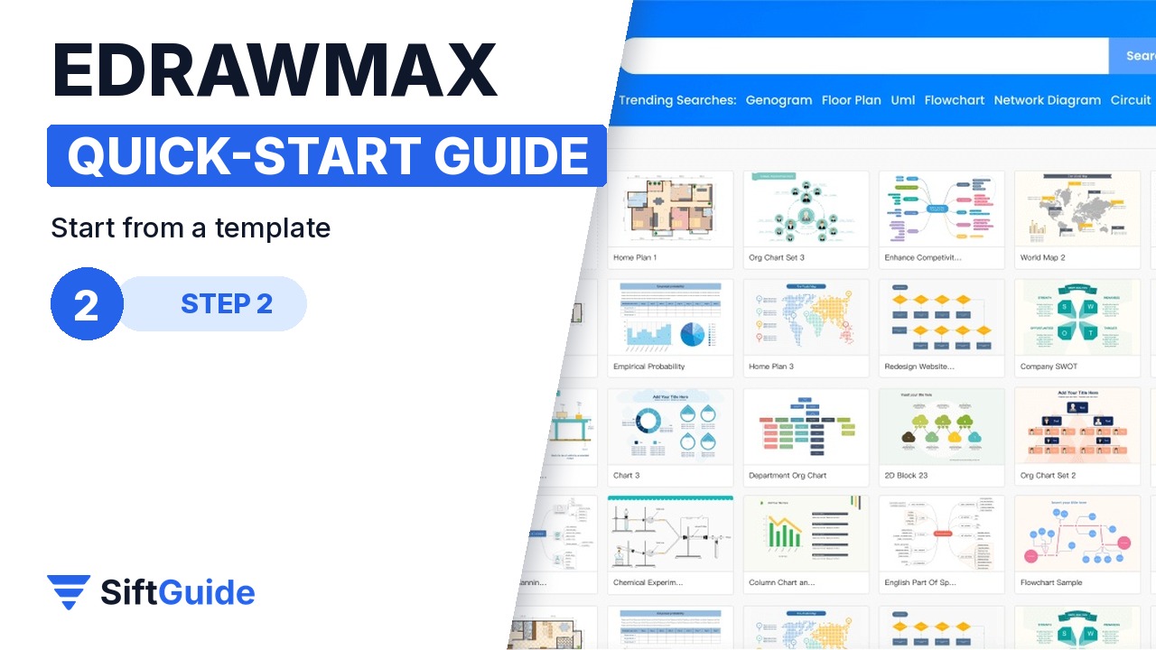 EdrawMax template gallery with flowcharts, floor plans and org charts