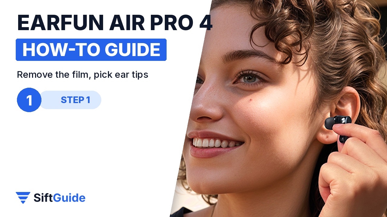 A woman fitting an EarFun Air Pro 4 earbud into her ear