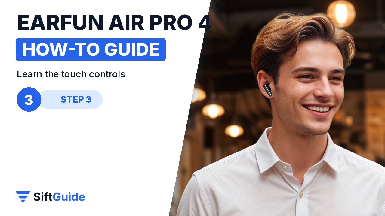 A man wearing EarFun Air Pro 4 earbuds