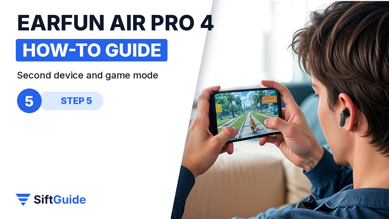 A player using EarFun Air Pro 4 earbuds with a mobile game