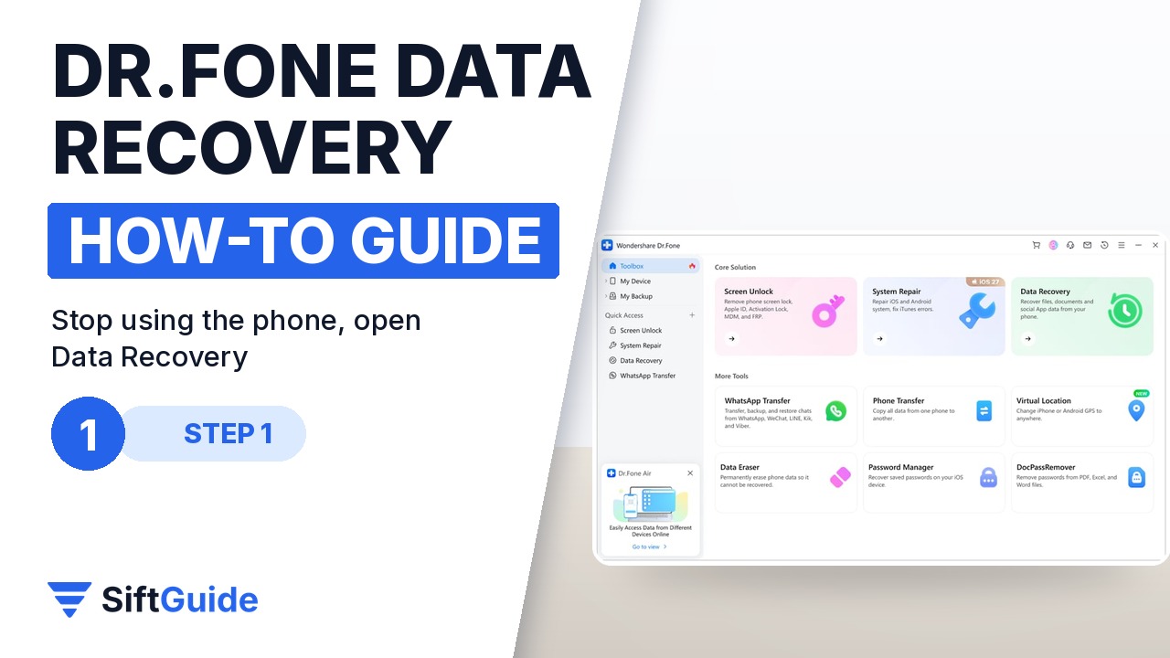 The Dr.Fone home screen with Data Recovery in the Toolbox
