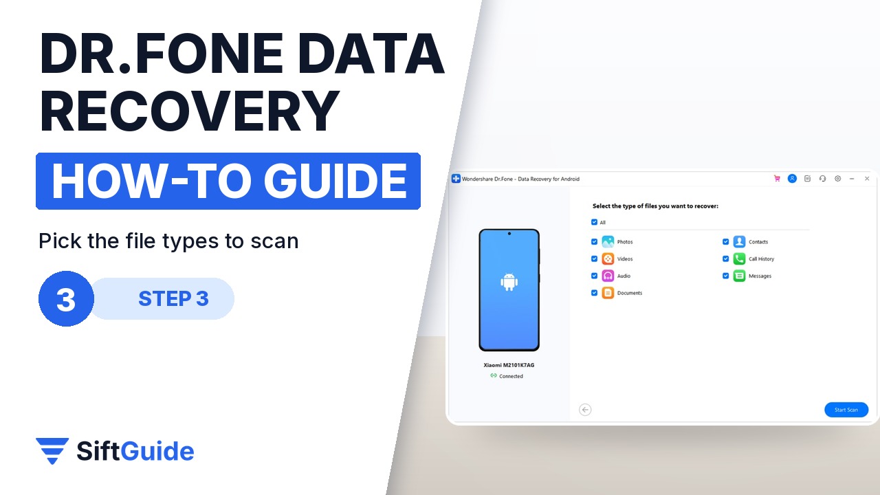Selecting photos, videos, contacts and messages to scan in Dr.Fone