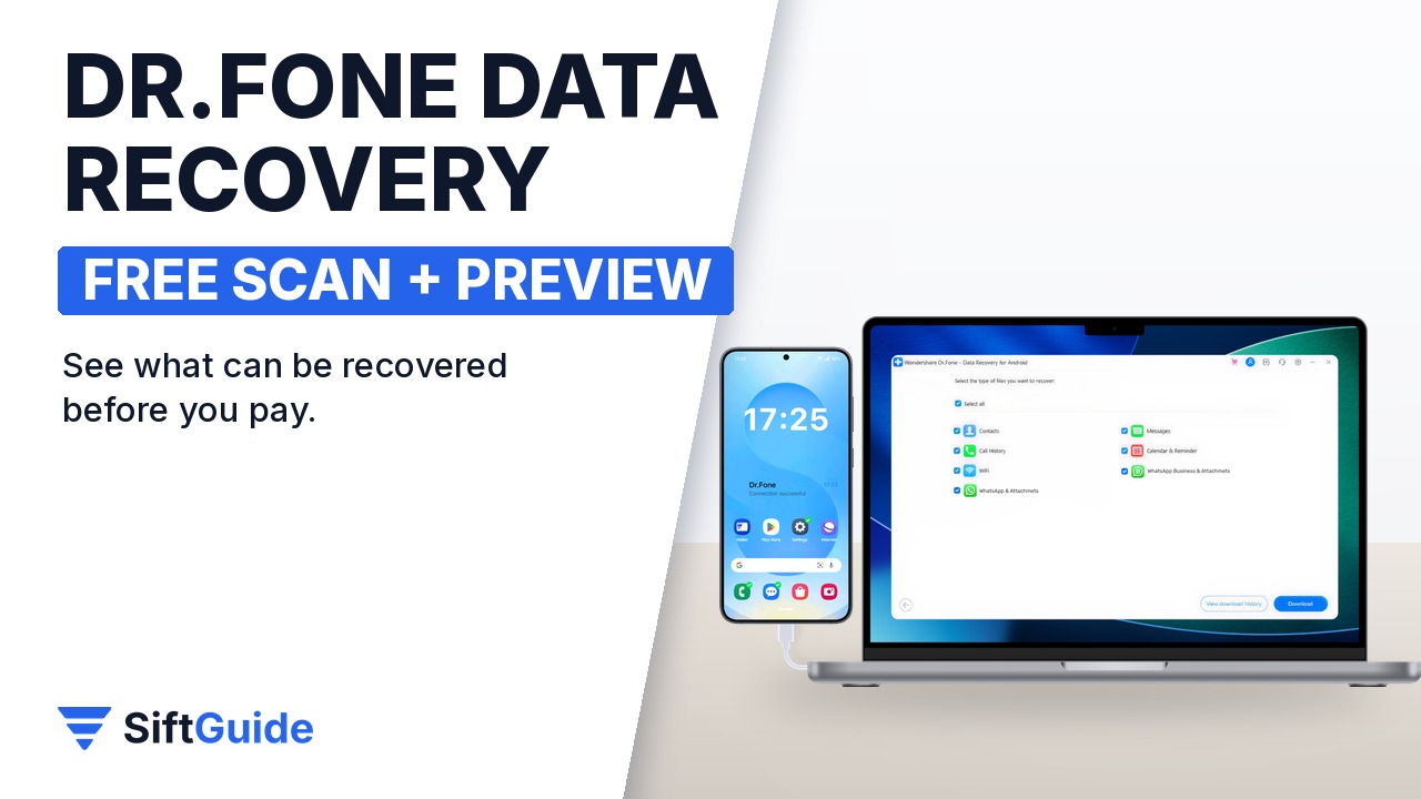Dr.Fone Data Recovery scanning an Android phone from a laptop