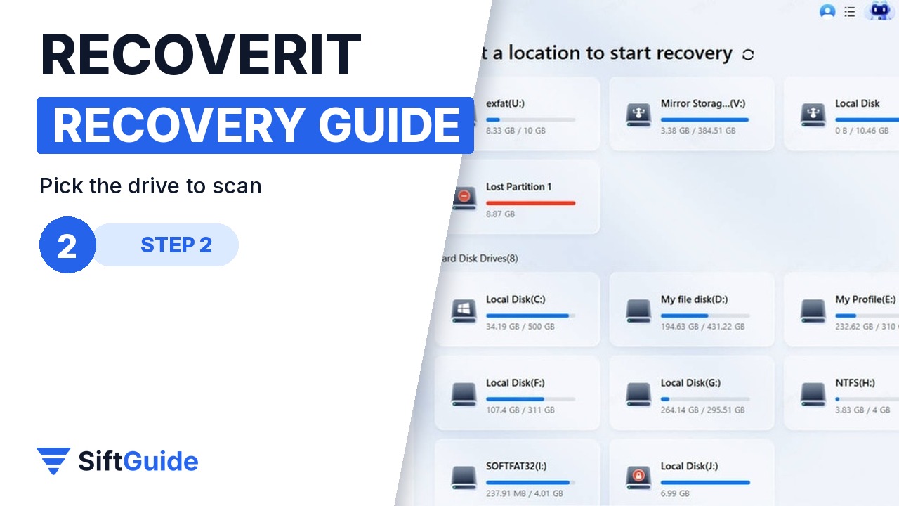 Recoverit Hard Drives and Locations screen with drives to choose from