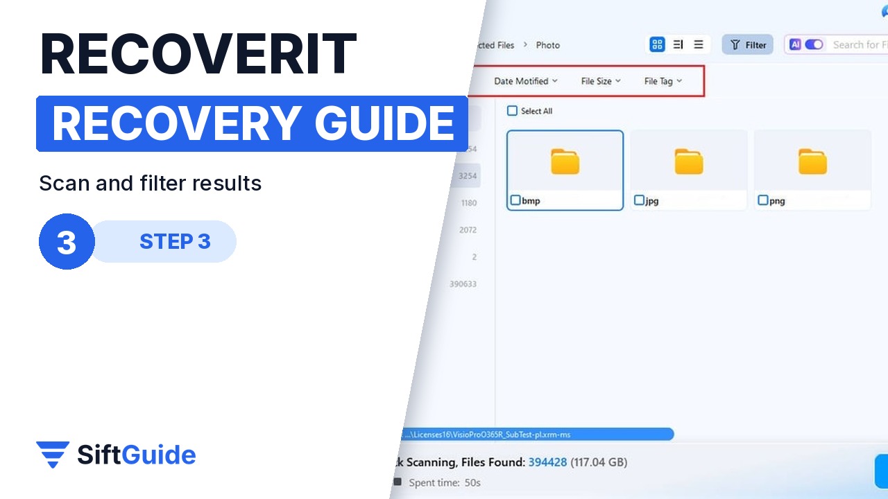 Recoverit scan results with file type, time and size filters
