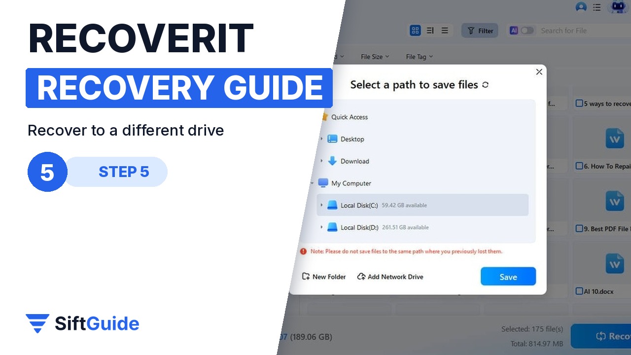 Recoverit dialog to select a path to save recovered files