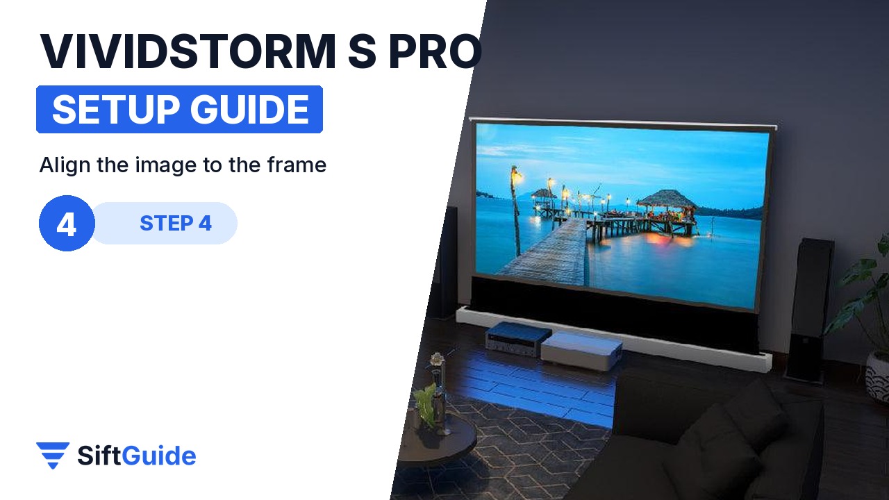 UST projector image aligned on the VIVIDSTORM screen in a dark room