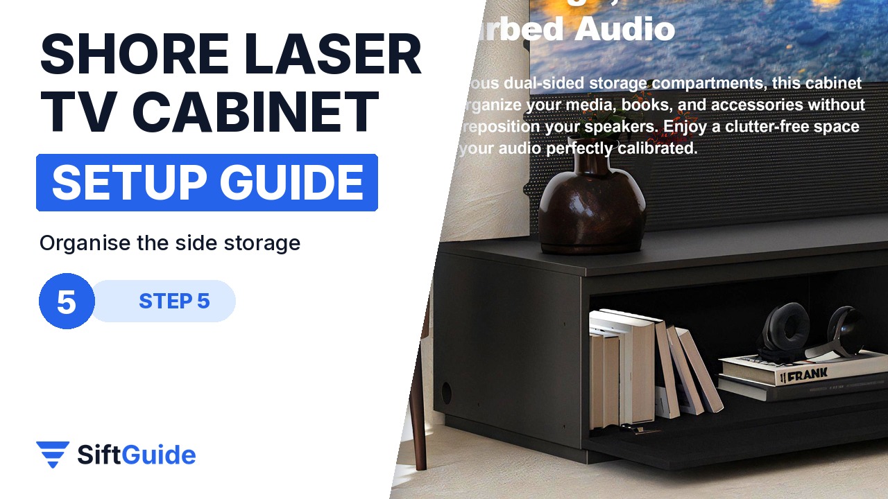 Shore cabinet side storage compartments with shelves and speakers