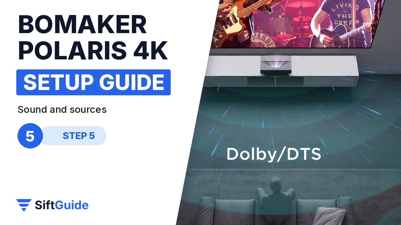 Bomaker Polaris in a living room with Dolby and DTS sound graphic