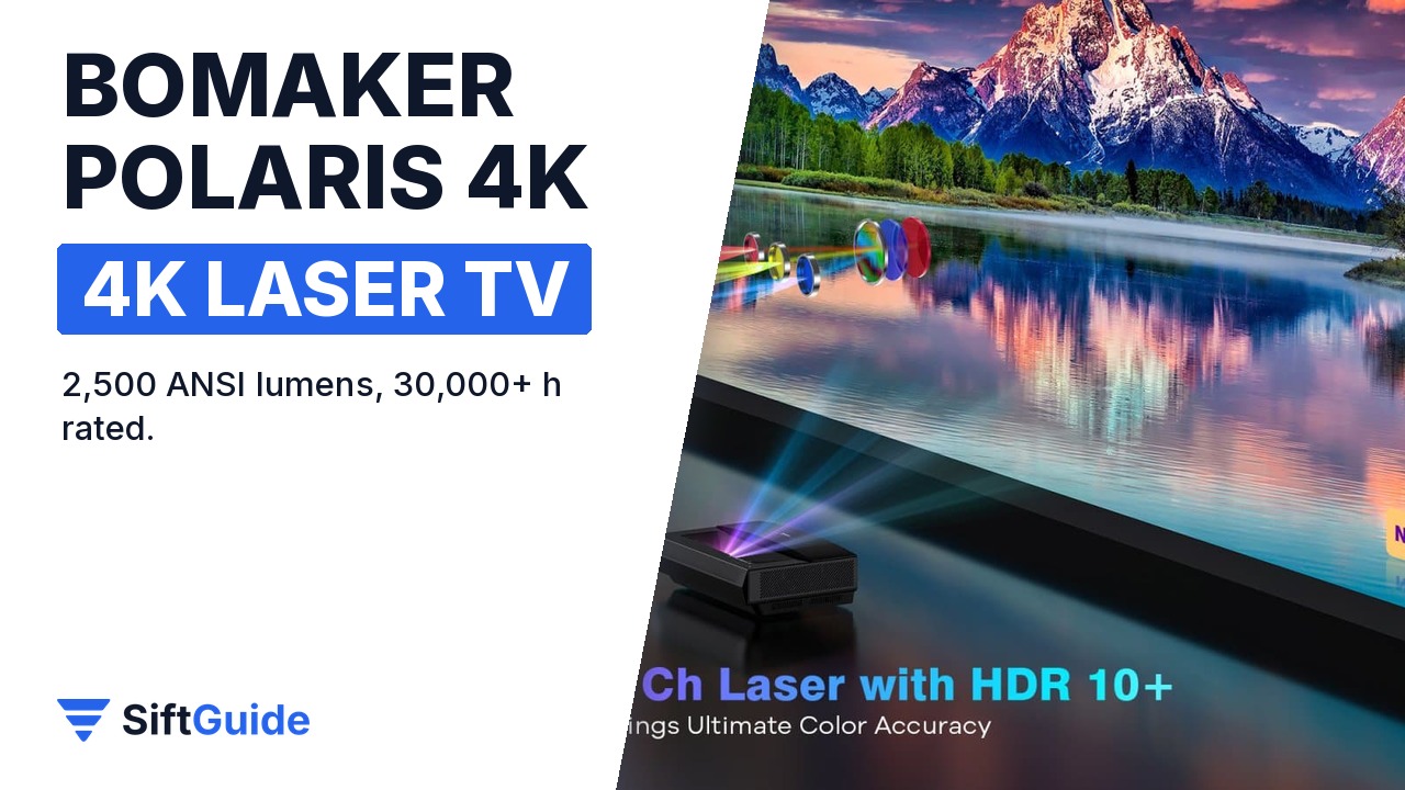 Bomaker Polaris 4K Laser TV in front of a 100-inch picture with mountains