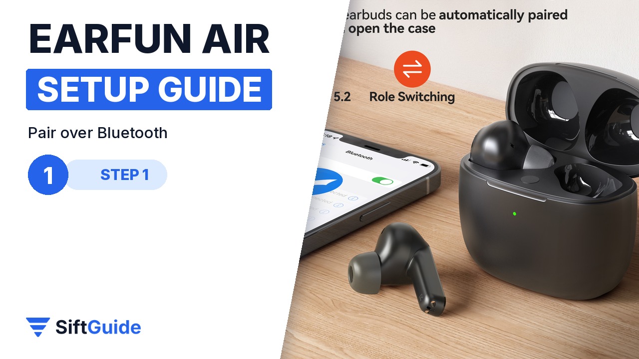 EarFun Air black earbuds case open next to a phone pairing over Bluetooth