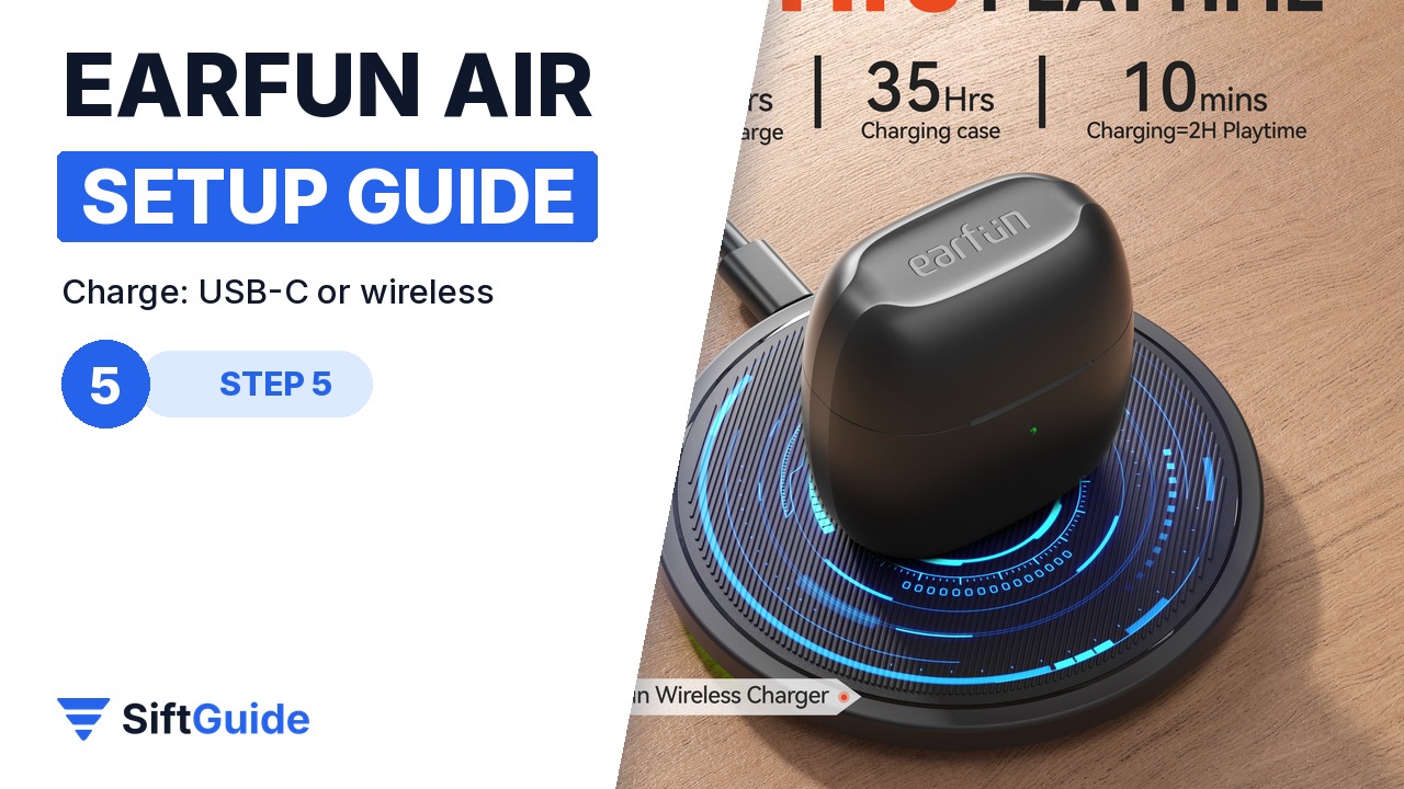 EarFun Air black case on a wireless charging pad