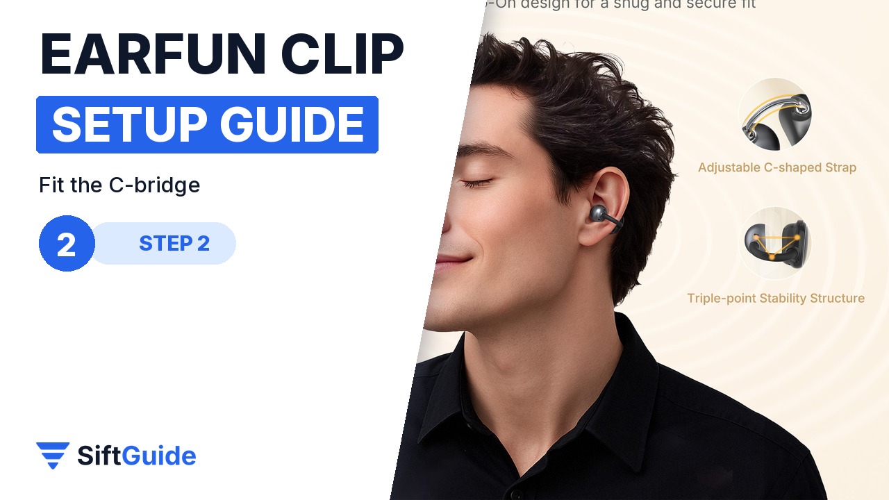 Wearing the EarFun Clip with the C-bridge over the ear