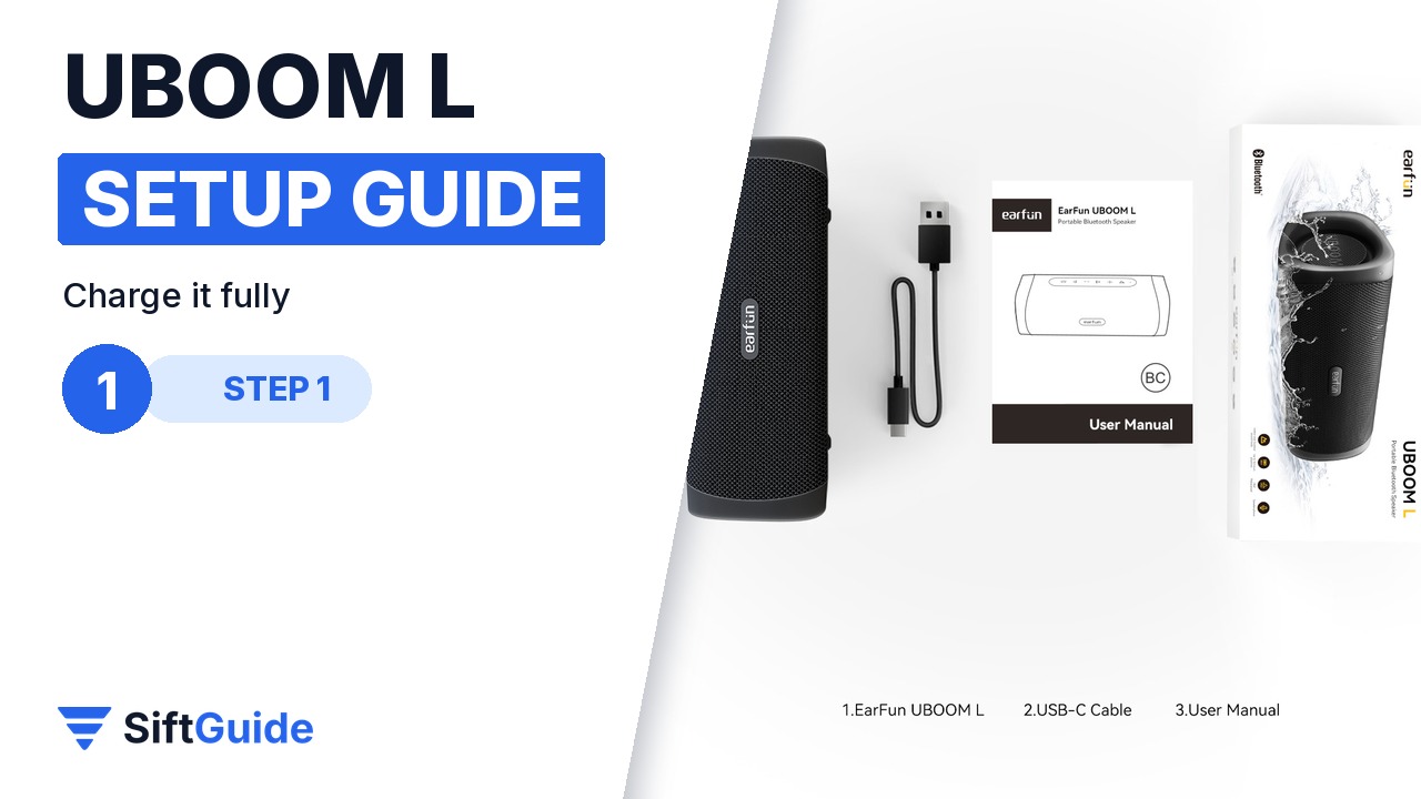 EarFun UBOOM L box contents with USB-C cable and user manual