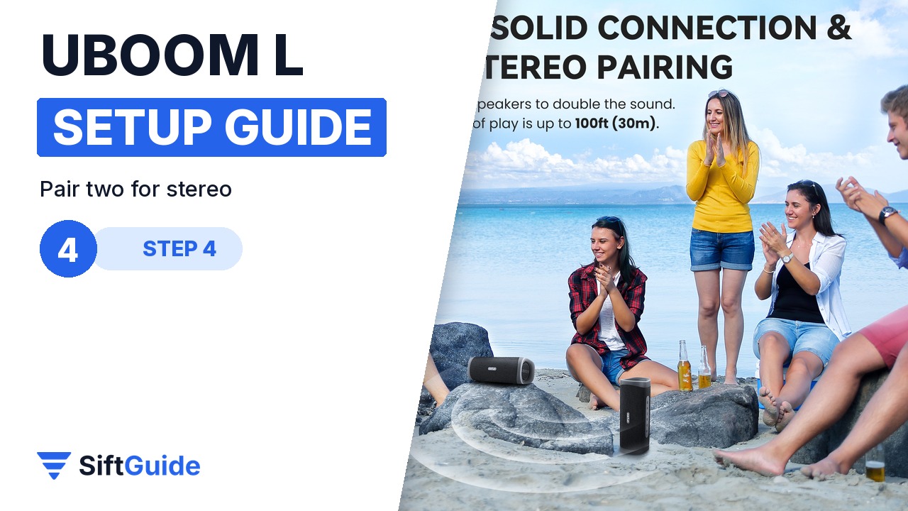 Two EarFun UBOOM L speakers paired for true wireless stereo at the beach