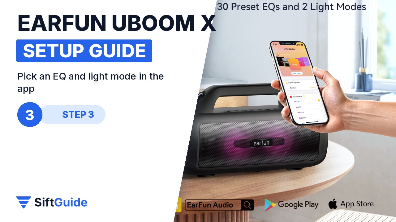 EarFun Audio app with EQ and light effect controls next to the UBOOM X