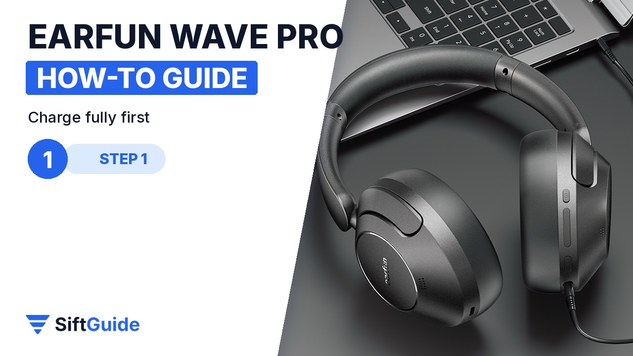 EarFun Wave Pro headphones next to a laptop, connected by cable