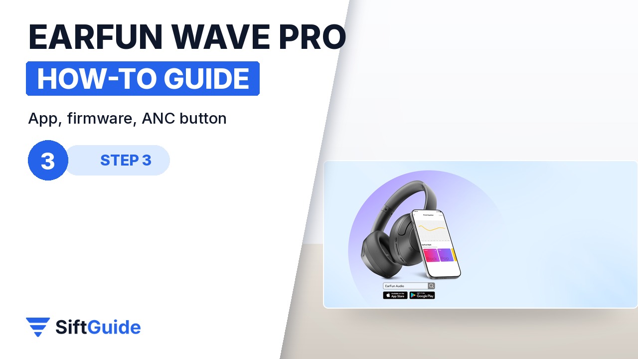 EarFun Audio app on a phone next to the Wave Pro headphones