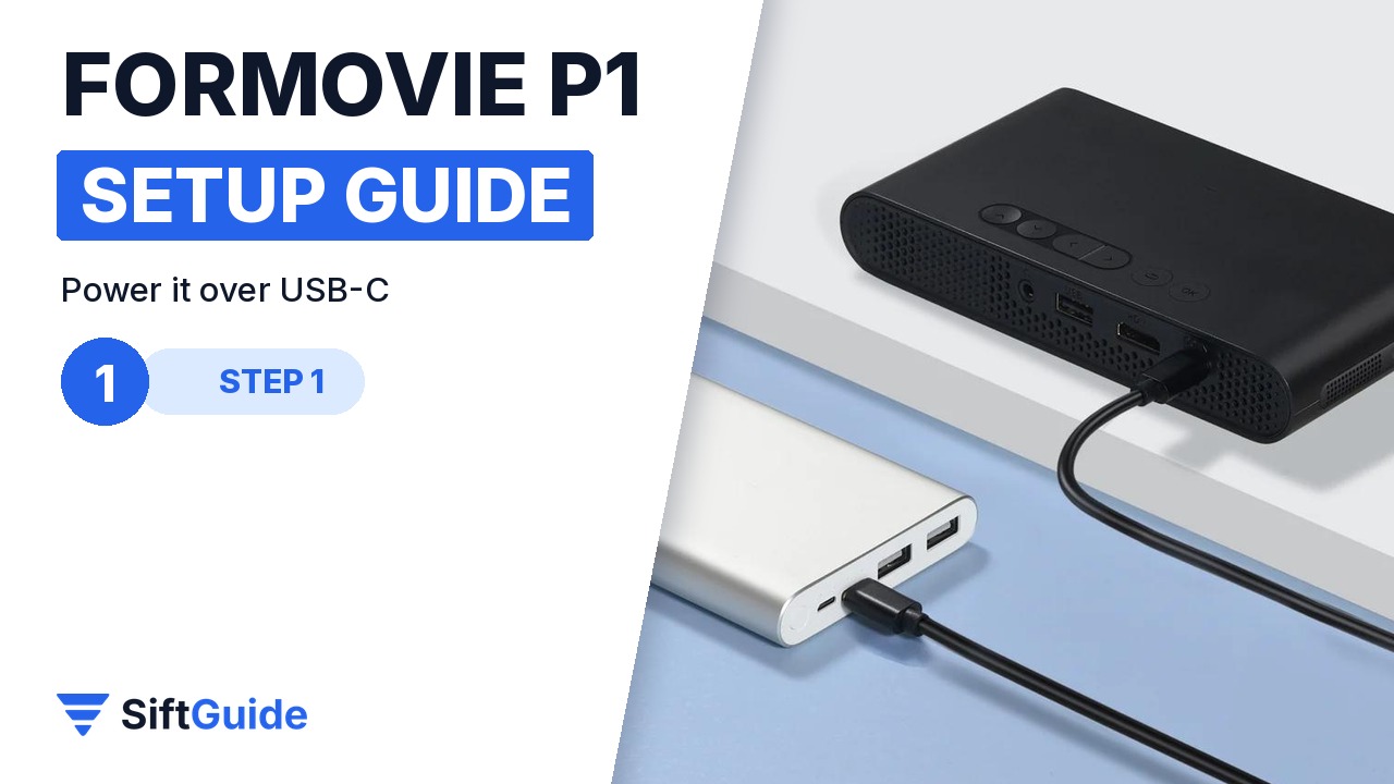 Formovie P1 pocket projector powered from a USB-C power bank