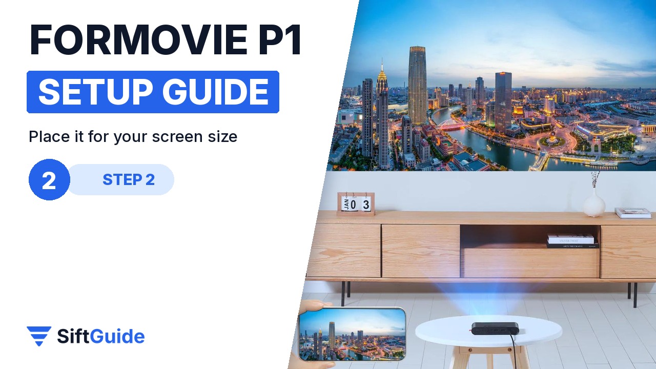 Formovie P1 on a coffee table projecting a large picture onto a living-room wall