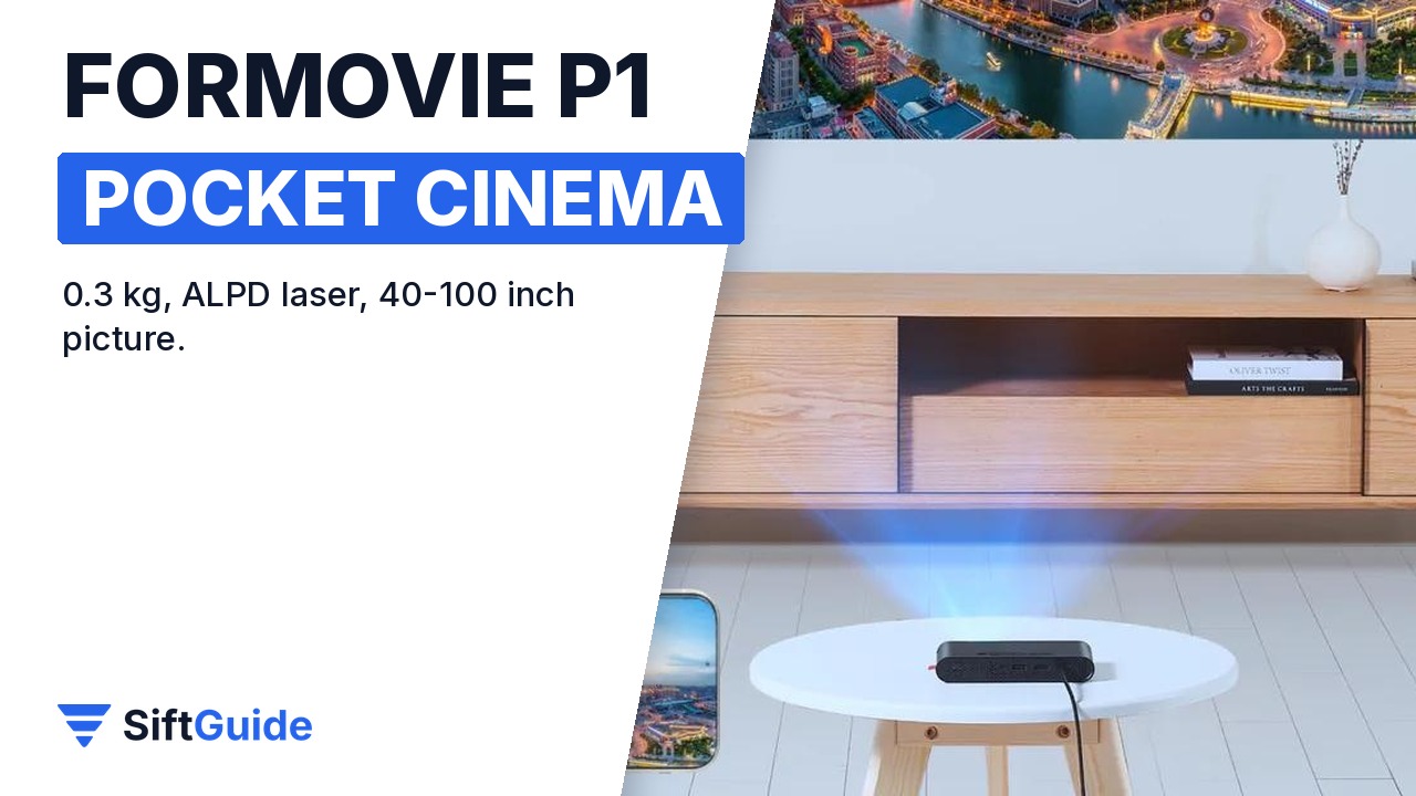Formovie P1 pocket laser projector on a table, projecting a city scene