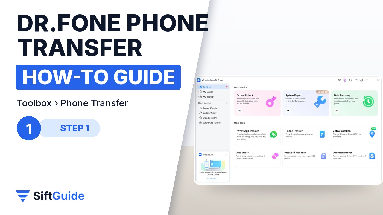 The Dr.Fone Toolbox home screen with Phone Transfer