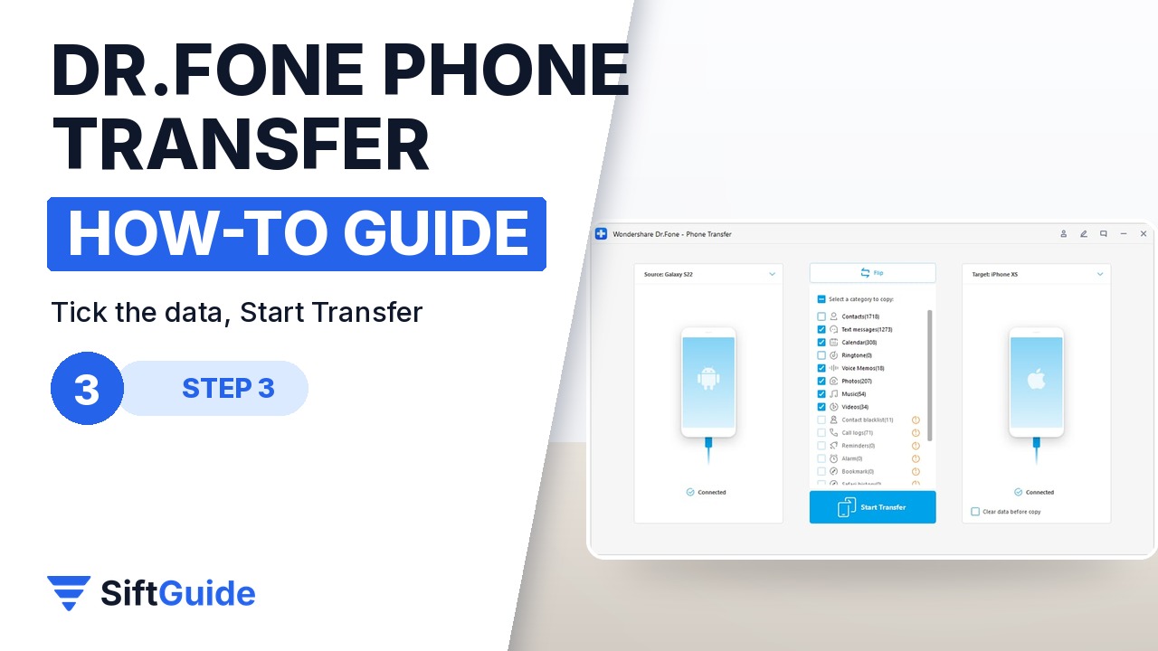 Selecting contacts, messages and photos to transfer in Dr.Fone