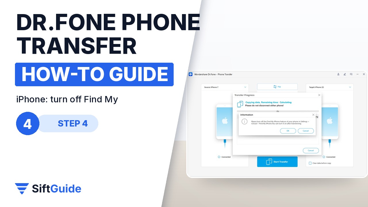 The Dr.Fone prompt asking to turn off Find My on the iPhone