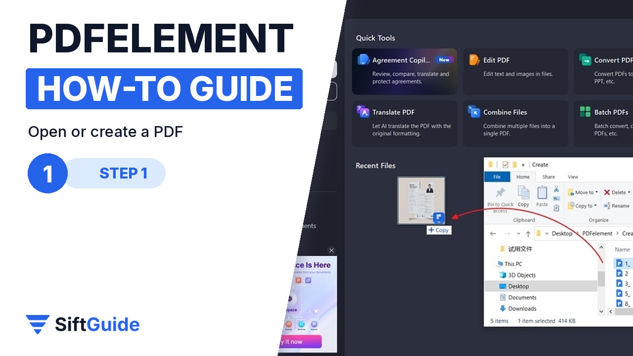 PDFelement home screen with the Open PDF option and a file being dragged in