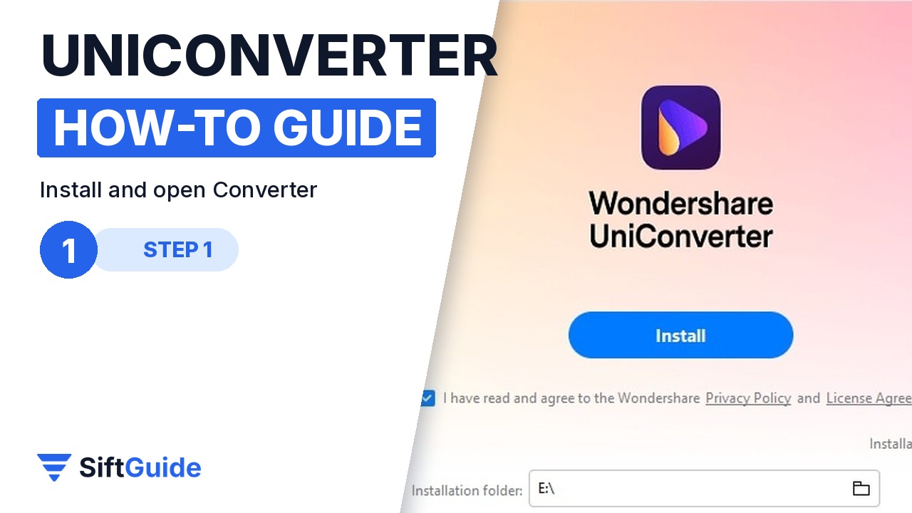 Wondershare UniConverter installer window with the Install button