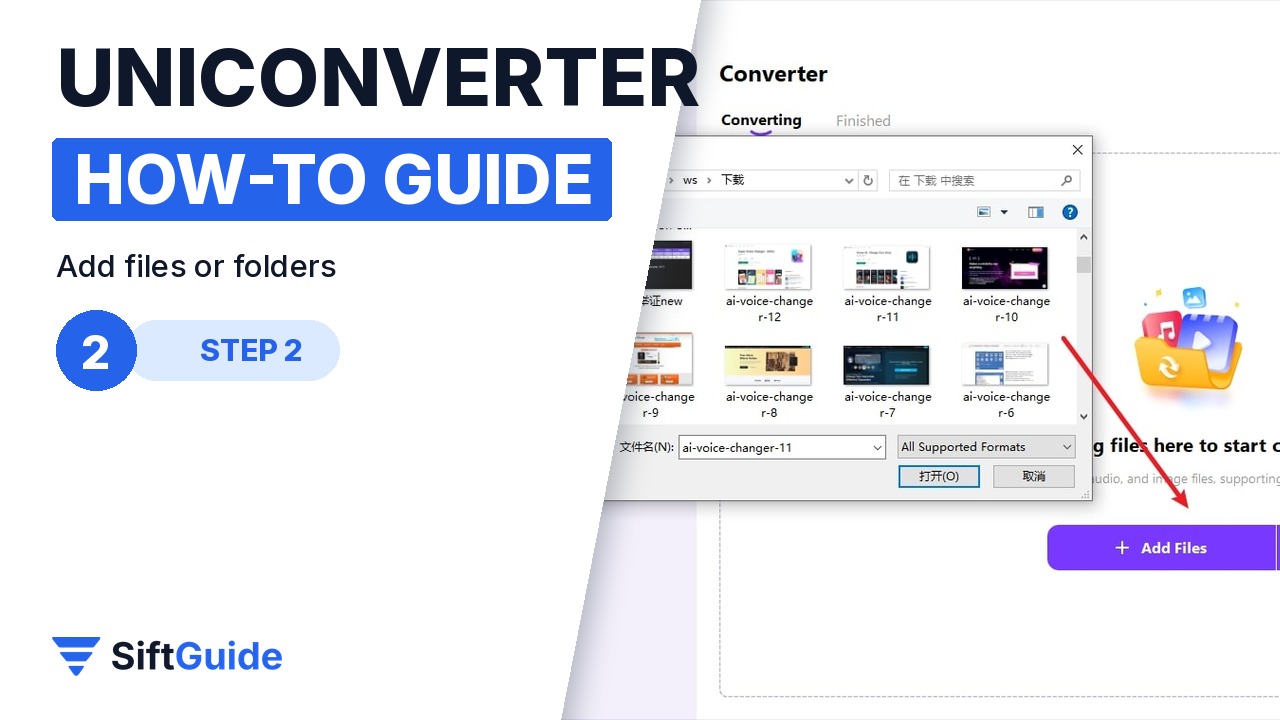 UniConverter Converter window with the file dialog for adding videos