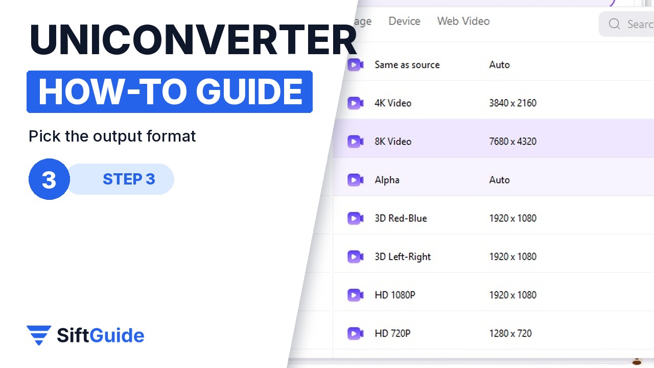 UniConverter output format menu with MP4, 4K and 8K presets