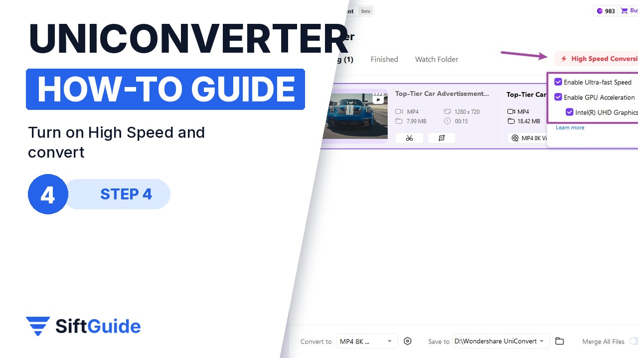 UniConverter High Speed Conversion menu with GPU acceleration options