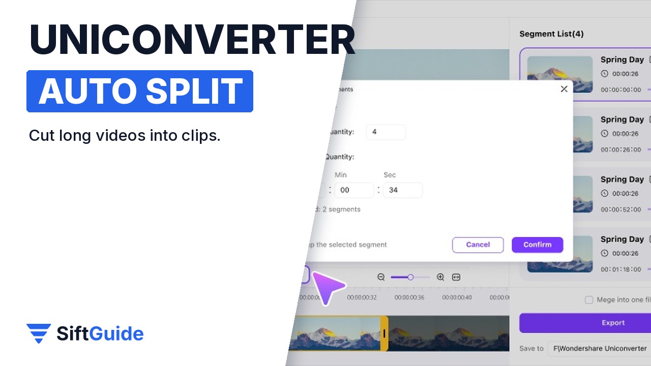 UniConverter Auto Split dialog for cutting a long video into clips