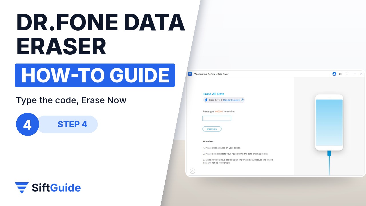 Dr.Fone confirmation screen where you type the code and click Erase Now