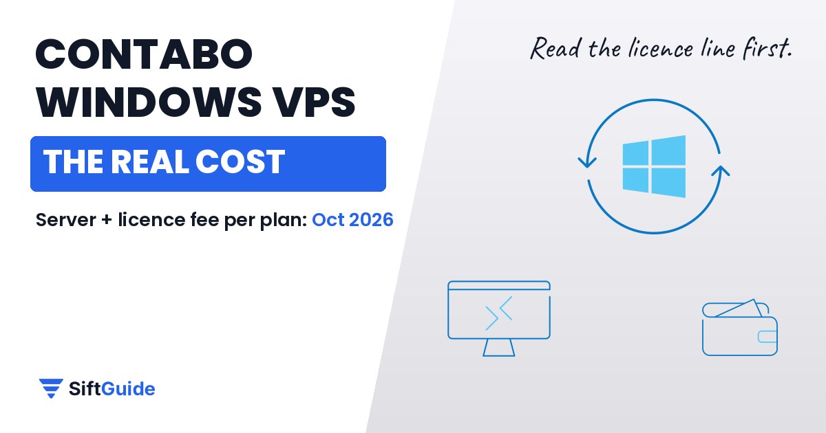 Contabo Windows VPS real monthly cost: server plus Windows Server licence, SiftGuide guide