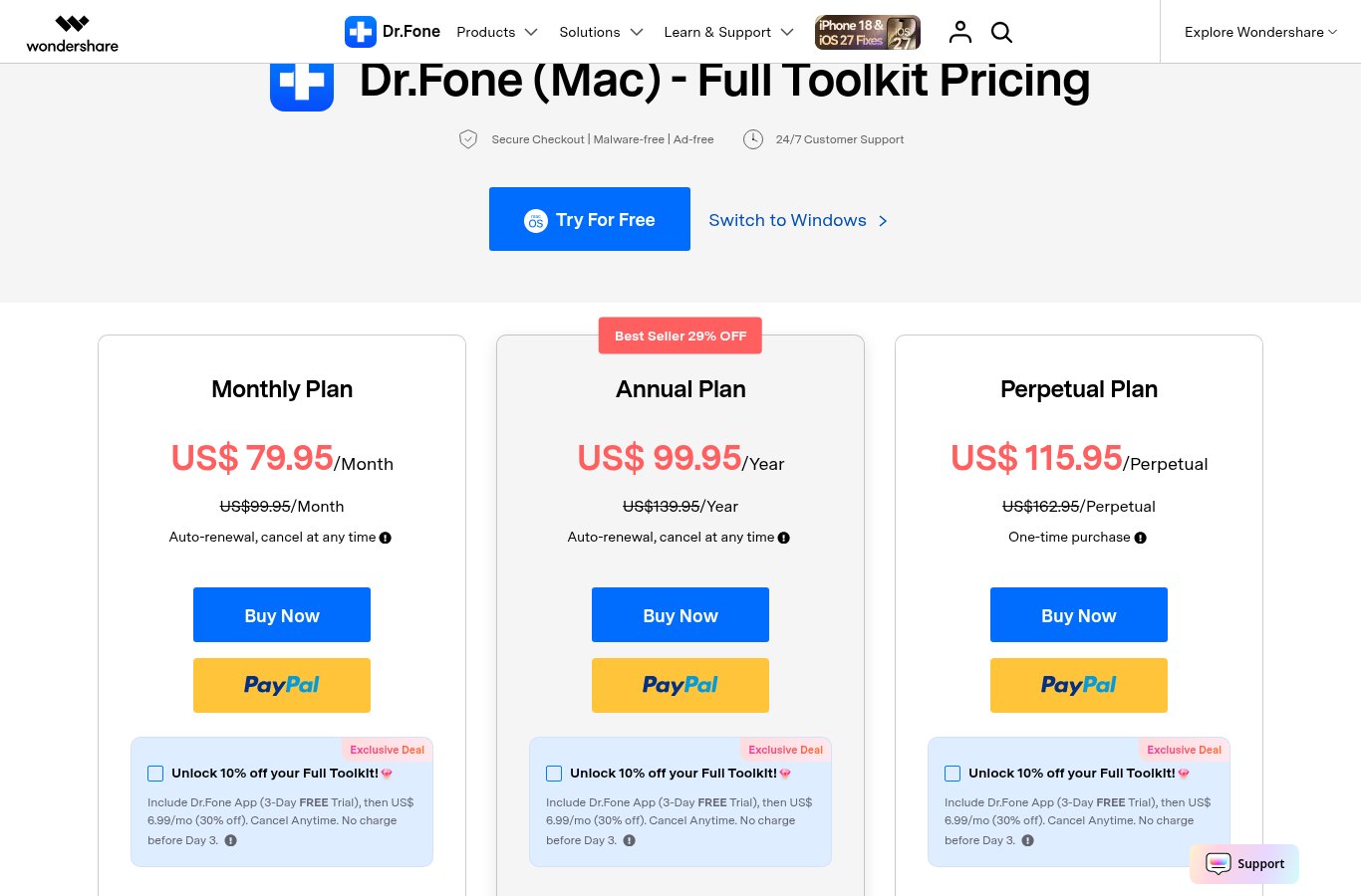 Dr.Fone (Mac) Full Toolkit pricing page: Monthly US$79.95, Annual US$99.95, Perpetual US$115.95