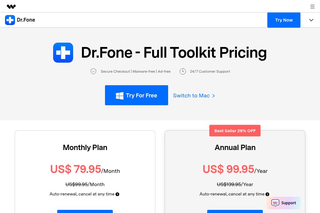 Dr.Fone Full Toolkit pricing page, Windows version: Monthly Plan US$79.95, Annual Plan US$99.95 (Best Seller 29% OFF)